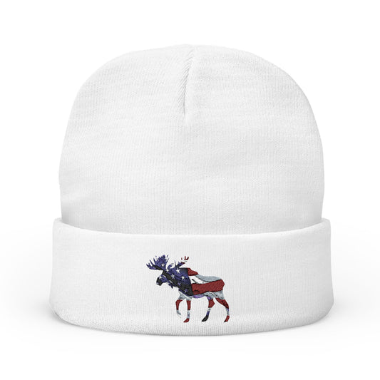 Beanie Hat Patriotic Moose Embroidered Knit Beanie
